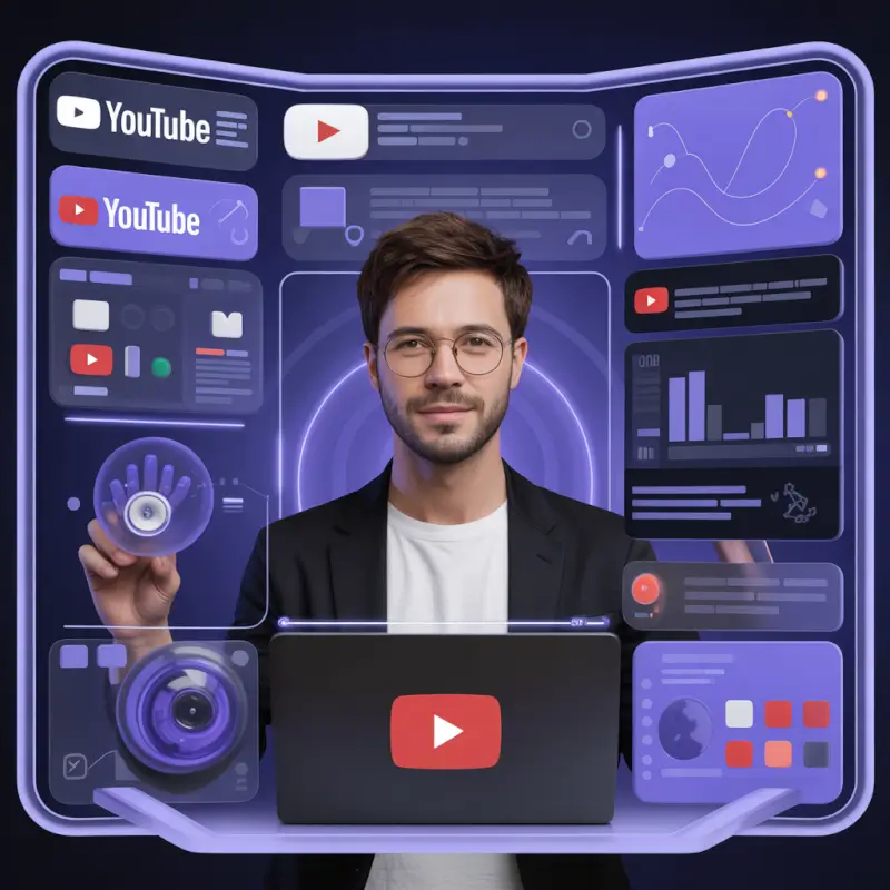 Content creator using AI tools for YouTube SEO thumbnails video analytics and channel growth