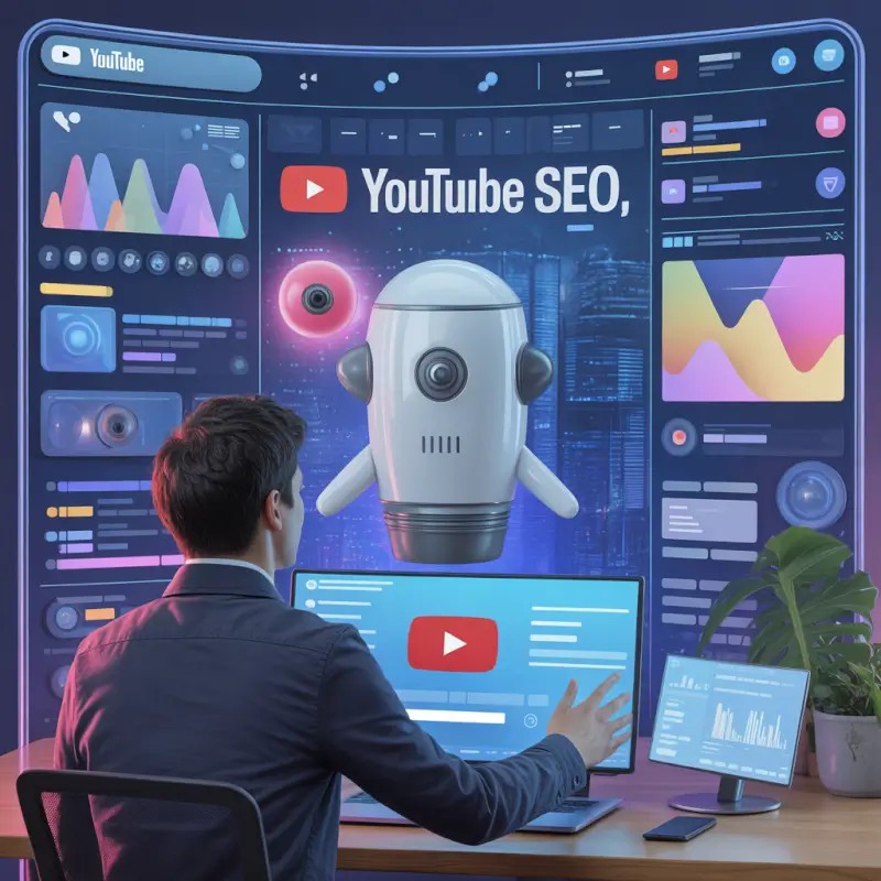 ideogram-v3.0 800x800 image of a content creator using AI for YouTube SEO thumbnails and video-1 Creator using AI tools for YouTube SEO video optimization thumbnails analytics and channel growth