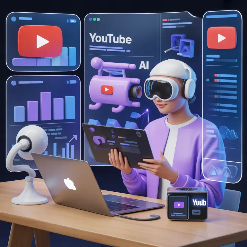 ideogram-v3.0 800x800 image of a content creator using AI for YouTube SEO thumbnails and video-2 Content creator using AI tools for YouTube video SEO analytics thumbnails and channel growth