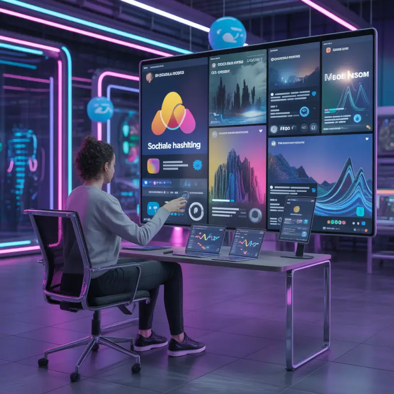 ideogram-v3.0 800x800 image of a creator using AI tools to generate social media posts caption-2 Creator analyzing AI-powered social media dashboards on multiple screens