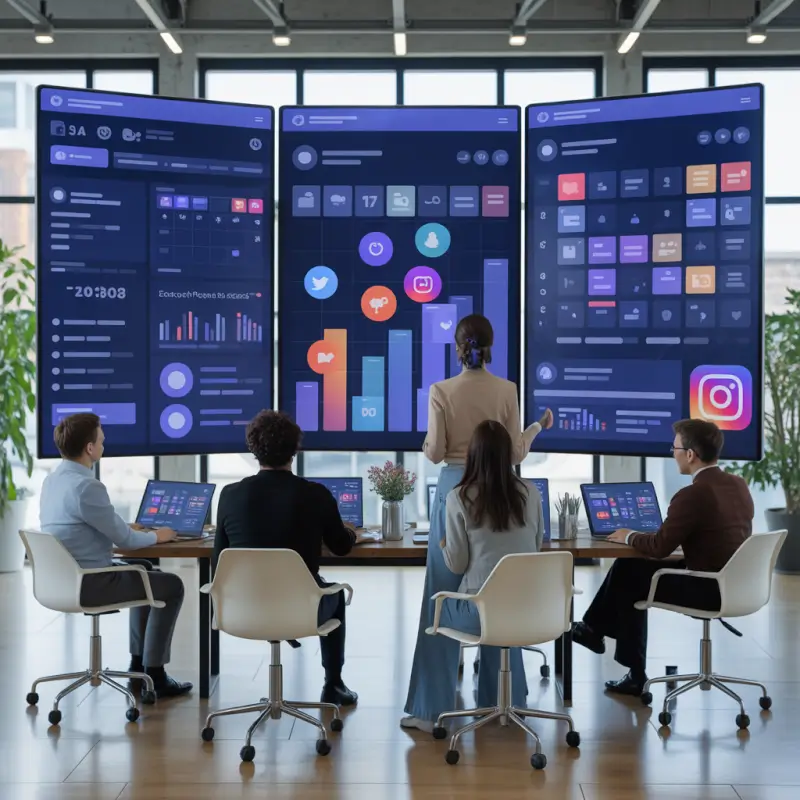 ideogram-v3.0 800x800 image of a team scheduling social media posts with AI large digital scre-1 Marketing team using AI social media dashboards to plan campaigns, track engagement, and manage content calendars