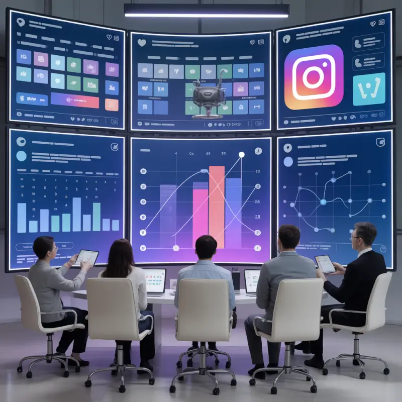 ideogram-v3.0 800x800 image of a team scheduling social media posts with AI large digital scre-3 Marketing team using AI social media tools to analyze engagement, schedule posts, and monitor campaign performance