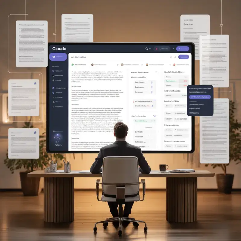 ideogram-v3.0 A clean and professional office scene showing an AI writing assistant dashboa-0 Claude AI writing assistant displayed on a large screen in a modern office with documents, reports, and content floating around a workspace