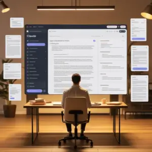 ideogram-v3.0 A clean and professional office scene showing an AI writing assistant dashboa-1 Claude AI interface displayed on a large screen in a modern office with floating documents and writing panels around a desk
