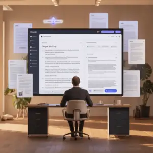 ideogram-v3.0 A clean and professional office scene showing an AI writing assistant dashboa-3 Claude AI writing assistant displayed on a large screen with floating documents and a person working at a desk in a modern office