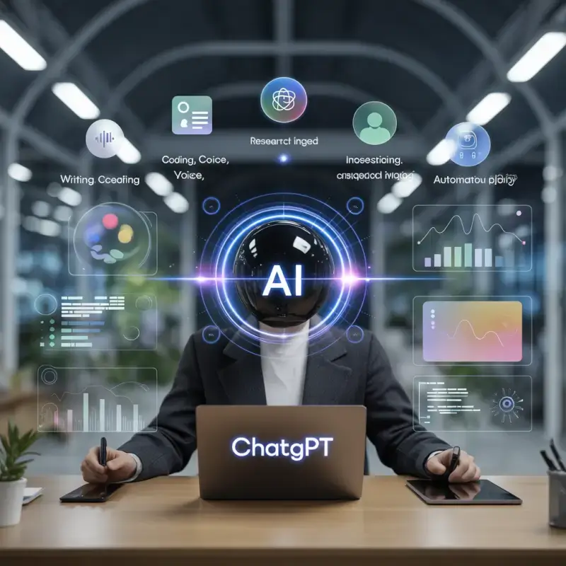 ideogram-v3.0 A futuristic workspace with a glowing AI assistant dashboard on a laptop scre-0 Futuristic ChatGPT AI dashboard displayed on a laptop with floating icons for writing, coding, voice, research, and automation