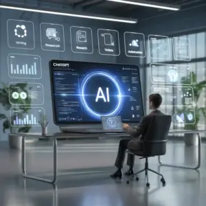 ideogram-v3.0 A futuristic workspace with a glowing AI assistant dashboard on a laptop scre-3 : ChatGPT AI interface on a large screen with floating icons for writing, research, voice, automation, and analytics in a futuristic office