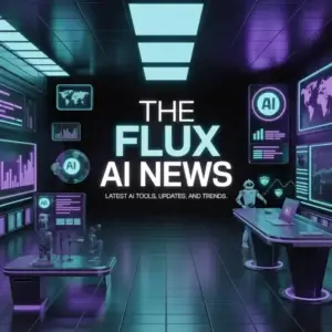 ideogram-v3.0 Create a futuristic website banner for The Flux AI News featuring a dark b-0 AI news homepage banner with futuristic technology interface and glowing neon screens