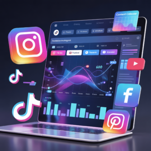 ideogram-v3.0 Image Prompt 1 800x800 illustration of a modern AI social media dashboard with f-0 AI social media dashboard with Instagram TikTok Facebook Pinterest analytics and content calendar AI tools for social media dashboard