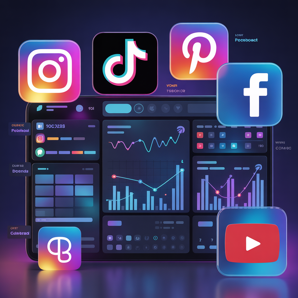 ideogram-v3.0 Image Prompt 1 800x800 illustration of a modern AI social media dashboard with f-1 Social media dashboard with Instagram TikTok Pinterest Facebook YouTube and analytics graphs digital marketing strategies using AI