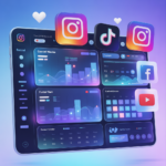 ideogram-v3.0 Image Prompt 1 800x800 illustration of a modern AI social media dashboard with f-2 Social media dashboard with Instagram TikTok Facebook YouTube icons and content analytics
