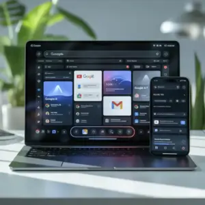 ideogram-v3 0 A high-tech digital workspace featuring Google Gemini AI on a laptop and smartph-1 d429f546-1cb2-4d07-878b-b2f06e2fd608 Google Gemini AI interface displayed on a laptop and smartphone with Gmail, Google apps, and productivity tools in a modern workspace