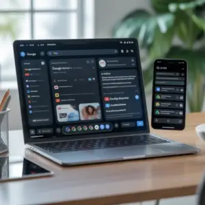 ideogram-v3 0 A high-tech digital workspace featuring Google Gemini AI on a laptop and smartph-2 8b884c6d-8d06-449c-93c2-cecfdaa54aa0 Google Gemini AI interface on a laptop and smartphone with Gmail, Google Workspace tools, and dark mode dashboard in a modern office
