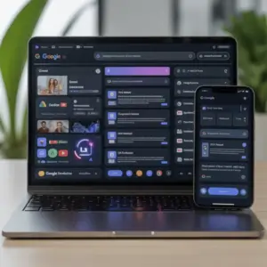 ideogram-v3 0 A high-tech digital workspace featuring Google Gemini AI on a laptop and smartph-3 54bad1f5-4d0b-4e85-bc43-58d371701327 Google Gemini AI dashboard shown on a laptop and smartphone with Google apps, Gmail, Drive, and productivity features in dark mode