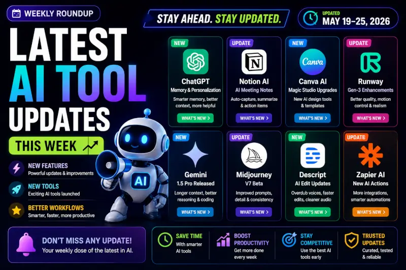 “Latest AI tool updates this week featuring new AI features, app releases, automation tools, and productivity software”