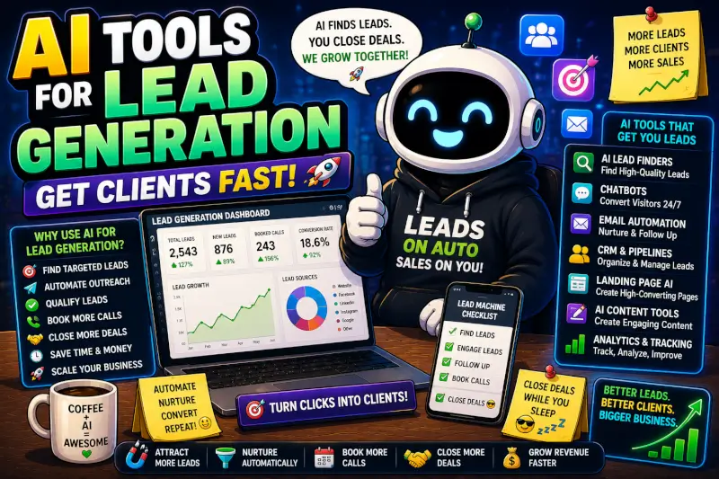 Funny cartoon AI lead generation workspace featuring AI sales tools, CRM automation, chatbots, marketing dashboards, and business growth systems in 2026