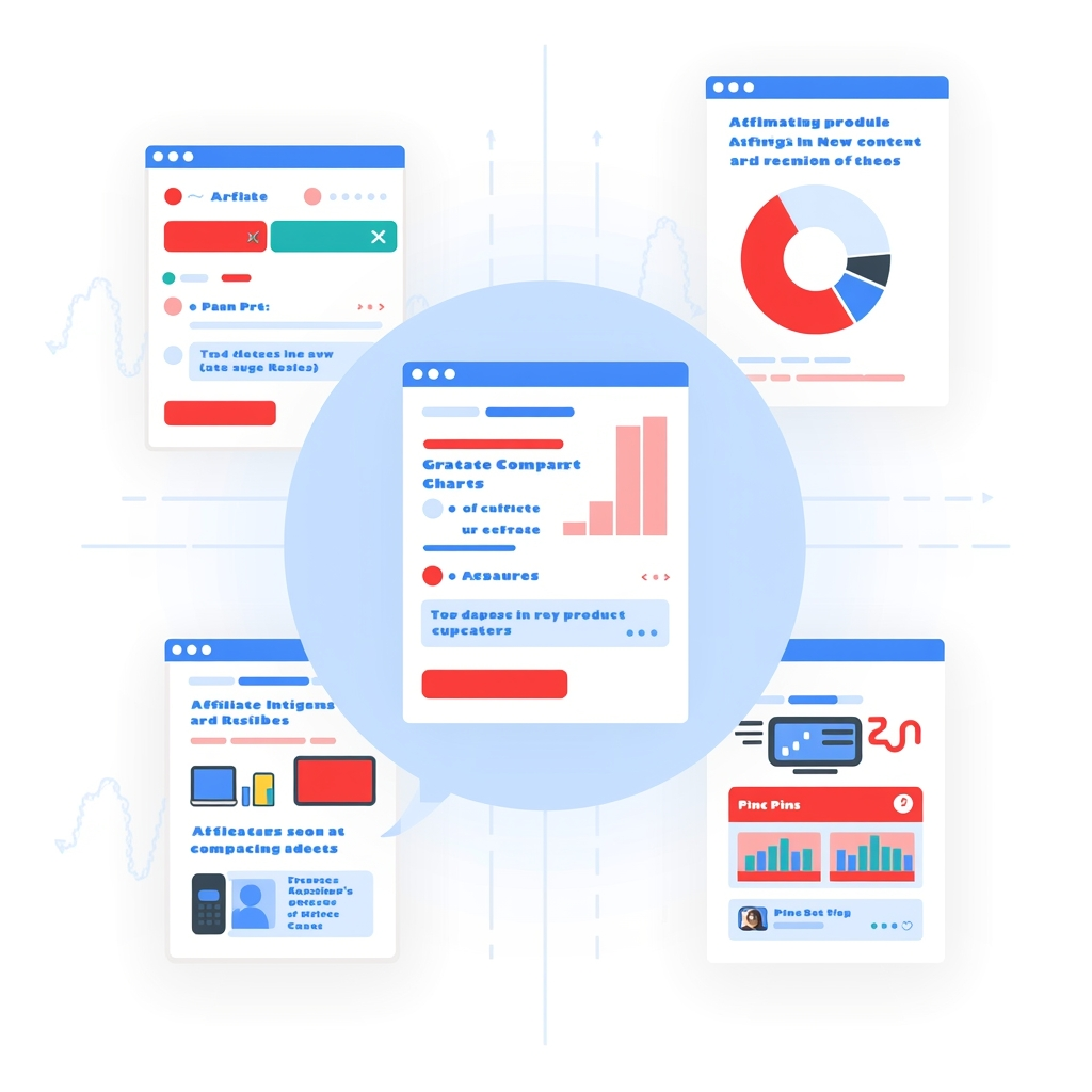 lucid-origin 800x800 illustration of AI-generated affiliate marketing content including produ-2 AI-generated affiliate marketing content panels with charts, product data, and performance metrics