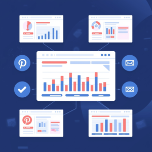 lucid-origin 800x800 illustration of AI-generated affiliate marketing content including produ-3 Affiliate marketing dashboard with analytics, email icons, and Pinterest integration