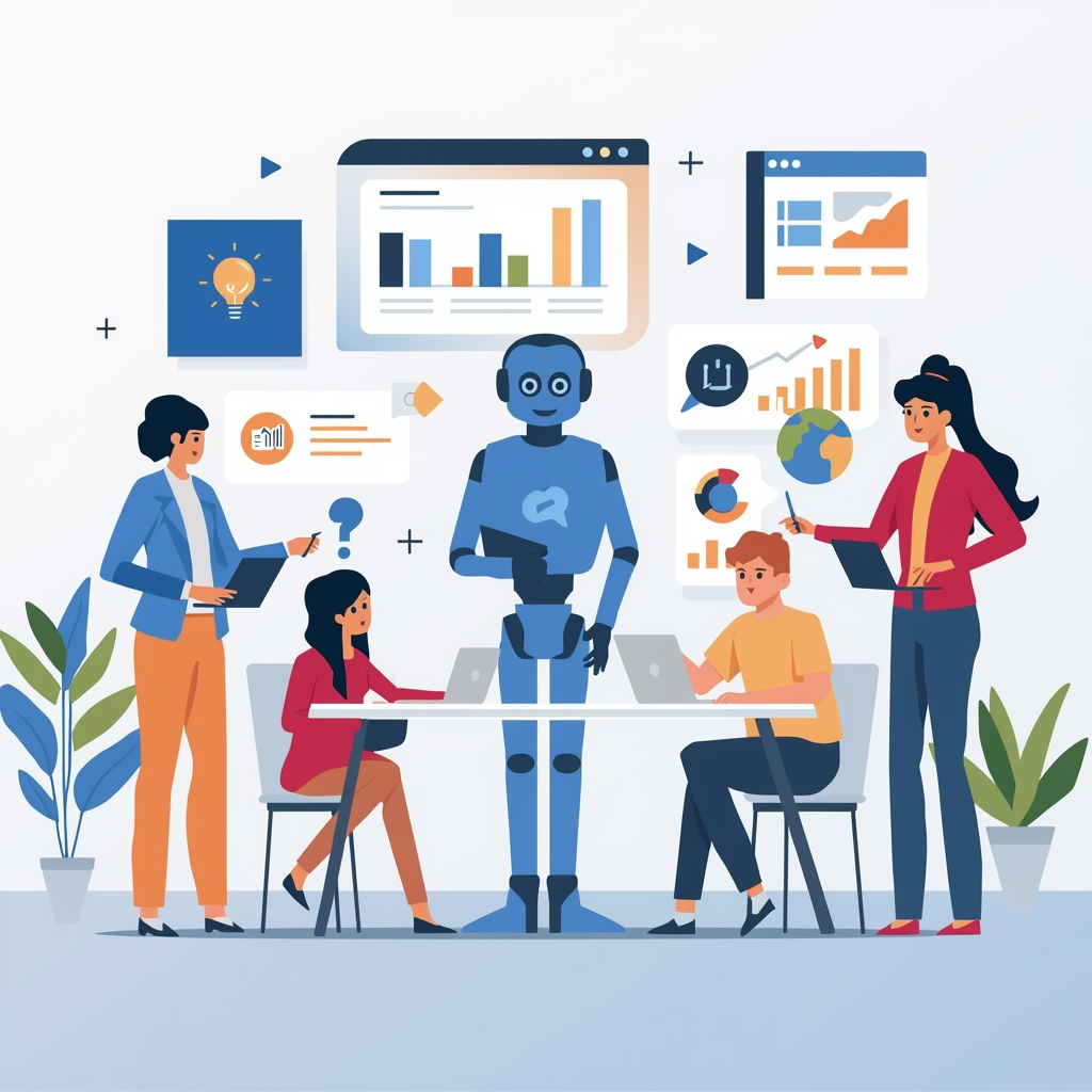 lucid-origin 800x800 illustration of a small business team using AI for marketing scheduling -0 Small business team using AI robot for marketing analytics and scheduling