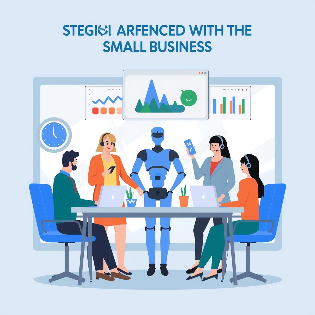lucid-origin 800x800 illustration of a small business team using AI for marketing scheduling -2 Small business team using AI assistant and analytics tools in a meeting
