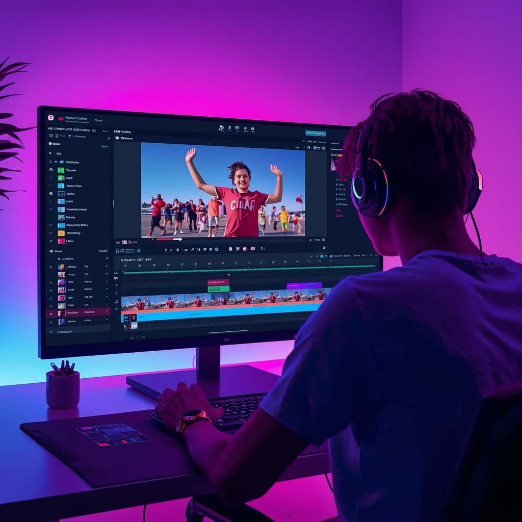 lucid-origin 800x800 image of a creator using AI tools to repurpose long videos into TikTok c-2 Content creator editing short videos with AI video editing software