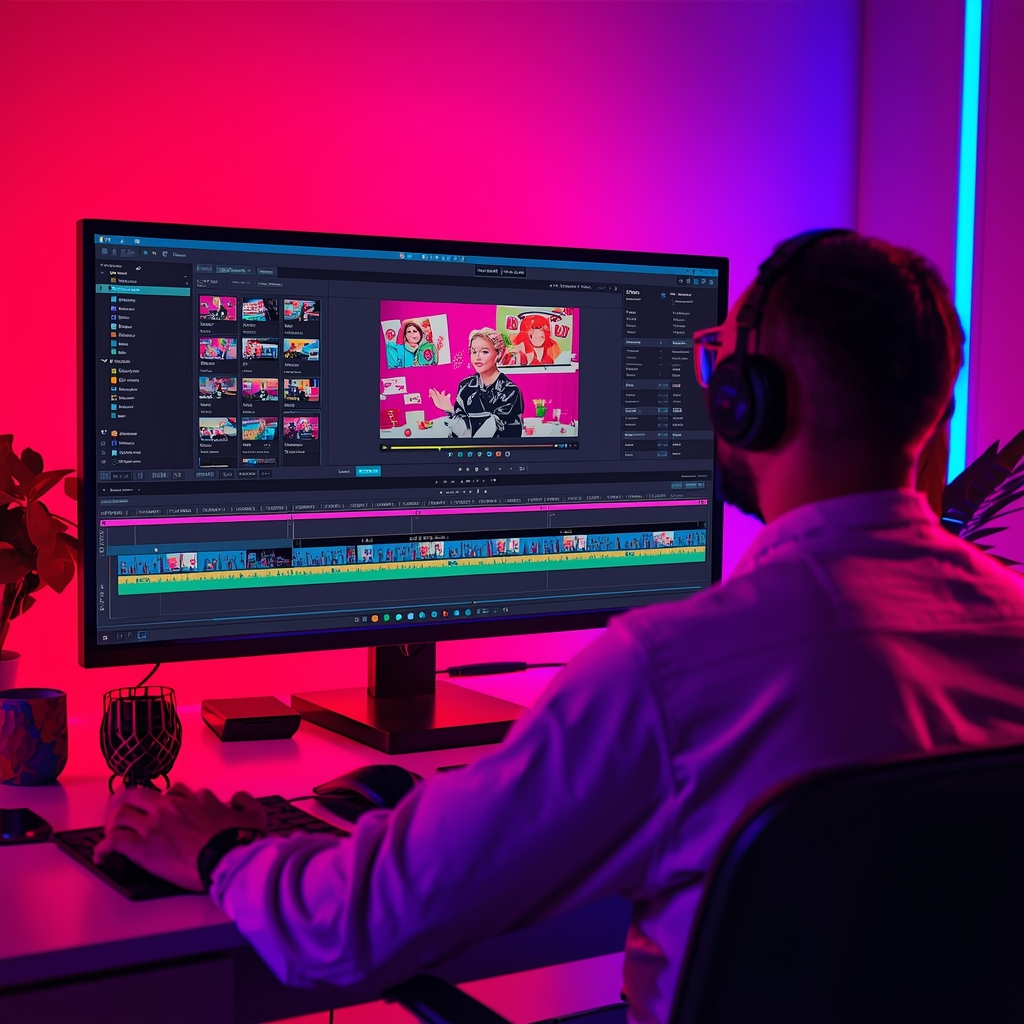 Creator editing short-form video content with AI tools on a desktop computer