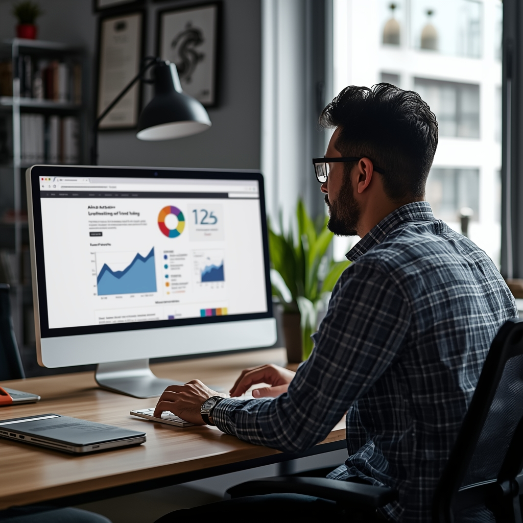 lucid-origin 800x800 image of an affiliate marketer using AI tools for SEO blog writing analy-0 Affiliate marketer using AI tools and SEO analytics on a desktop computer