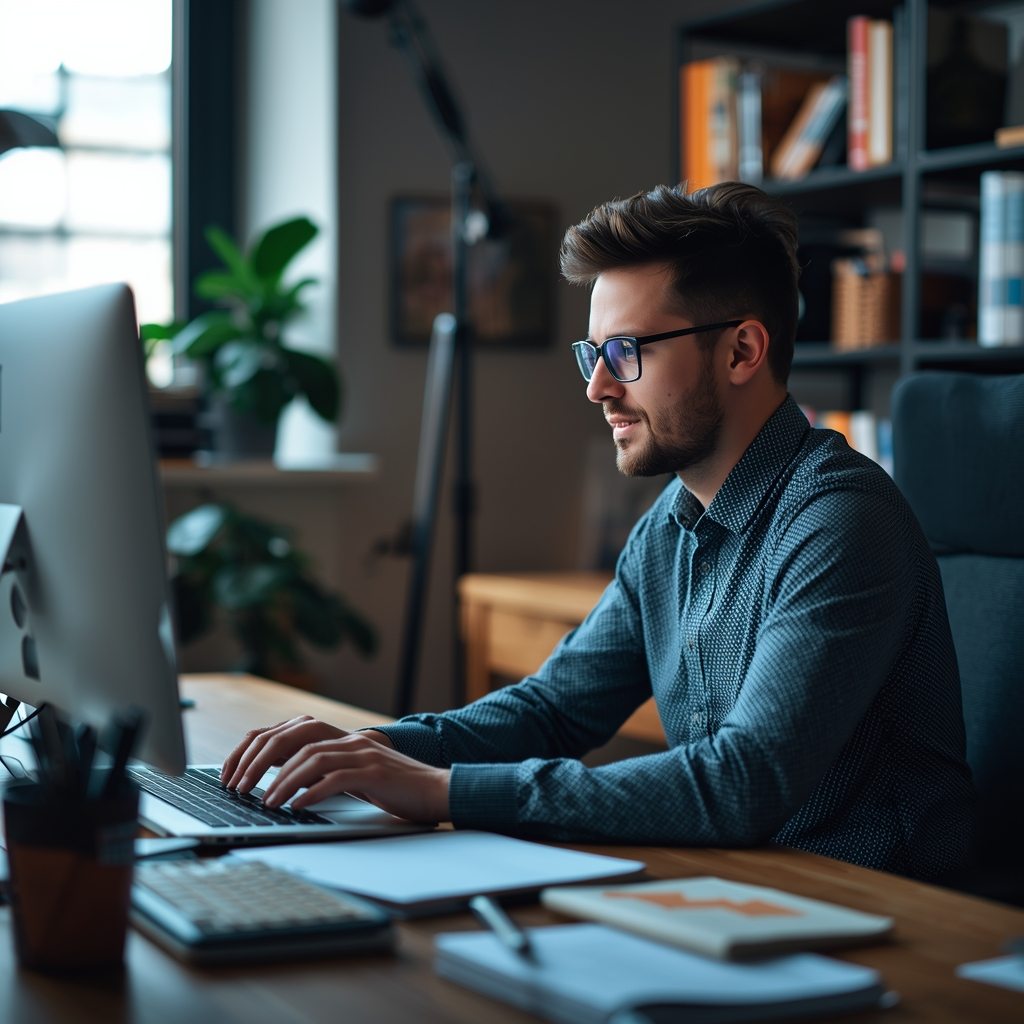 Affiliate marketer working at a desktop computer in a modern home office