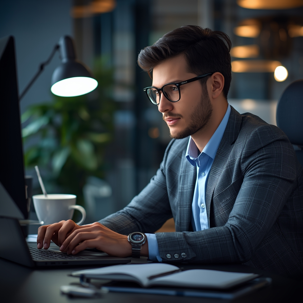 Entrepreneur using AI productivity tools on a laptop in a modern office