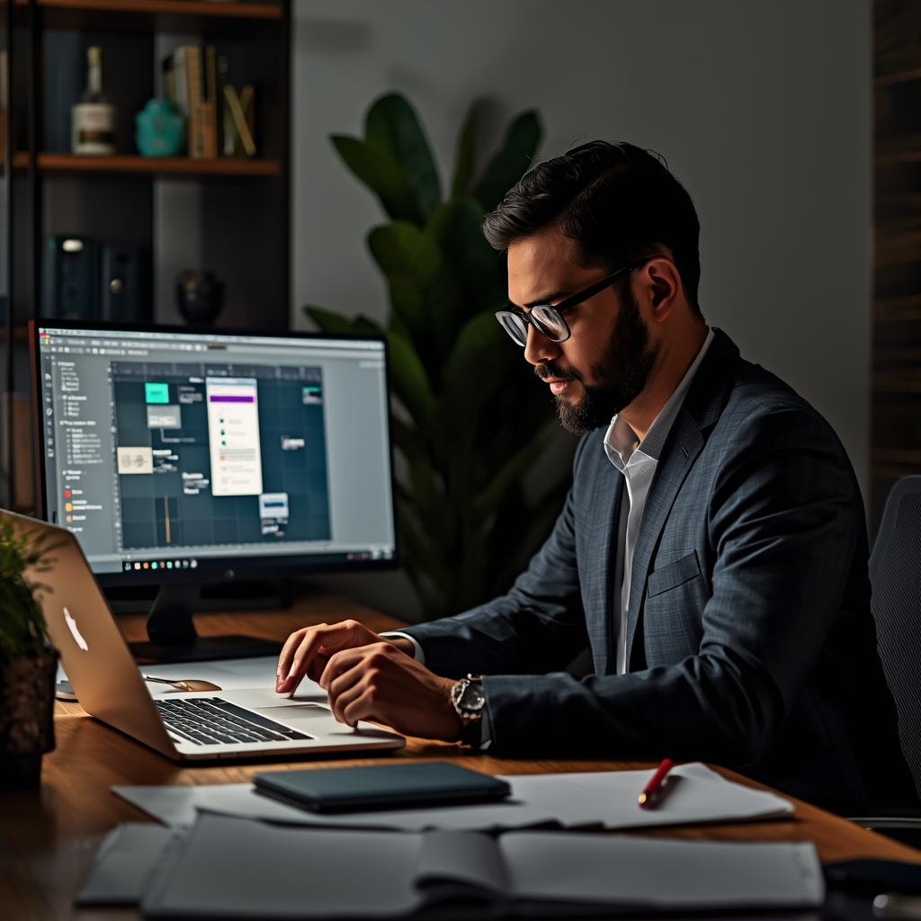 lucid-origin 800x800 image of an entrepreneur using AI productivity tools for scheduling emai-2 Business professional using AI scheduling software on a laptop in an office