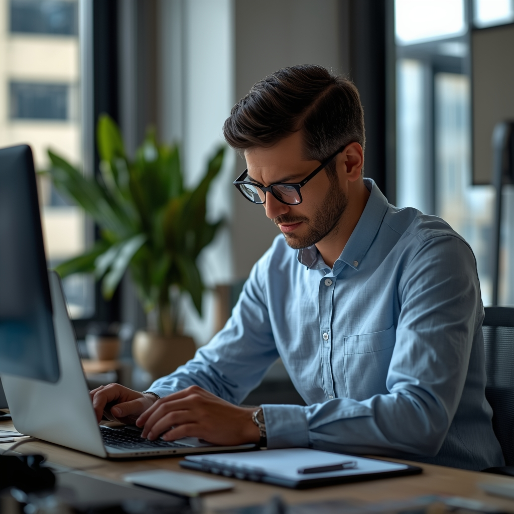 lucid-origin 800x800 image of an entrepreneur using AI productivity tools for scheduling emai-3 Entrepreneur using AI productivity software on a laptop in a modern office