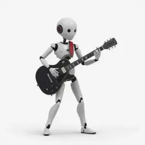 lucid-origin create an ai figure playing a guitar-0 Small white humanoid robot playing a black electric guitar on a light background suno ai review