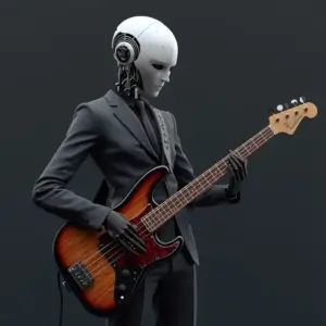 lucid-origin create an ai figure playing a guitar-3 Humanoid robot in a black suit playing an electric guitar on a dark background suno ai review