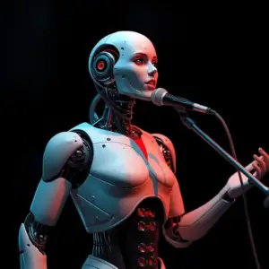 lucid-origin create an ai figure playing singing-3 Female humanoid robot singing into a microphone on a dark stage with red and blue lighting suno ai review