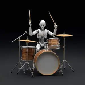 lucid-origin create an ai figure playing the drums-2 Humanoid robot playing a drum set on a dark background suno ai review