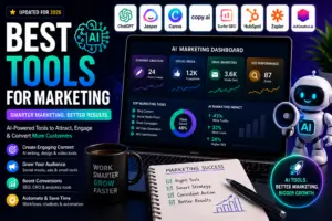 “Best AI tools for marketing featuring AI marketing dashboard, SEO tools, social media, email automation, and analytics software”