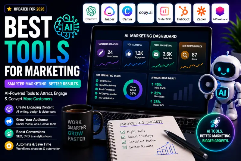 “Best AI tools for marketing featuring AI marketing dashboard, SEO tools, social media, email automation, and analytics software”