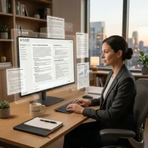 nano-banana-2 A clean and professional office scene showing an AI writing assistant dashboa-0 Professional woman using Claude AI on a desktop monitor with floating documents and research panels in a modern office