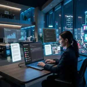 nano-banana-2 A futuristic workspace with a glowing AI assistant dashboard on a laptop scre-0 Professional woman using ChatGPT on a laptop with floating dashboards, charts, writing tools, and analytics in a futuristic office ai tool in 2026