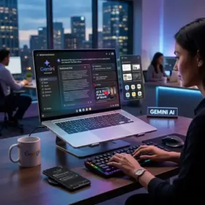 nano-banana-2 A high-tech digital workspace featuring Google Gemini AI on a laptop and smartph-0 Professional woman using Google Gemini AI on a laptop with floating app panels, smartphone integration, and Google tools in a modern office