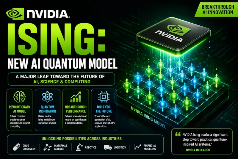 “NVIDIA Ising AI quantum model illustration featuring quantum computing, AI innovation, and futuristic NVIDIA technology”