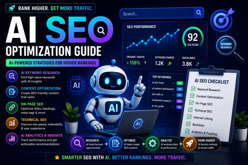 “AI SEO optimization guide featuring keyword research, content optimization, rankings, backlinks, and AI-powered SEO tools”