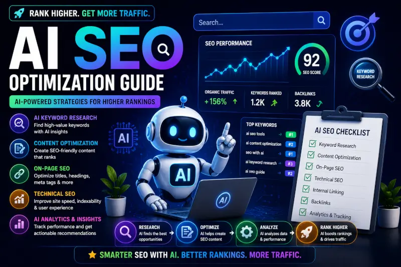 “AI SEO optimization guide featuring keyword research, content optimization, rankings, backlinks, and AI-powered SEO tools”