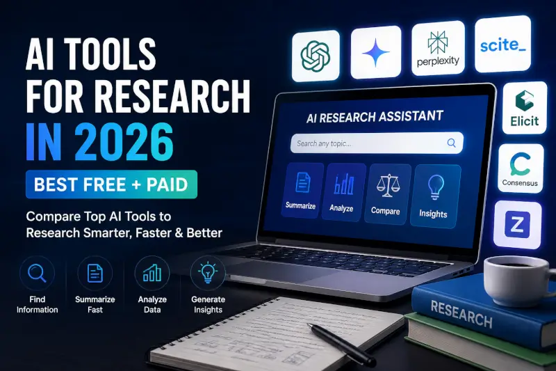 AI tools for research in 2026 dashboard with laptop and research assistant software