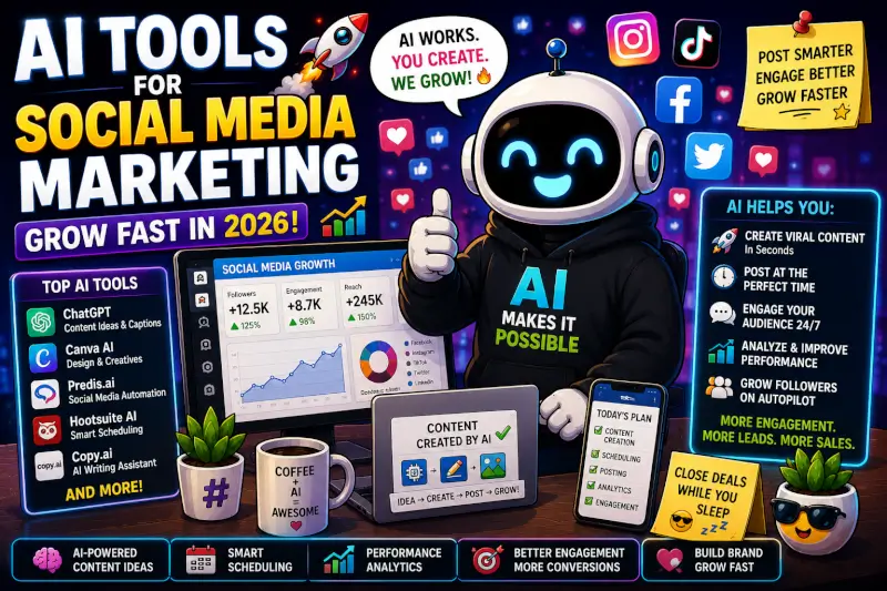 Funny cartoon AI tools for social media marketing featuring automation dashboards, content creation tools, analytics, and social media growth in 2026
