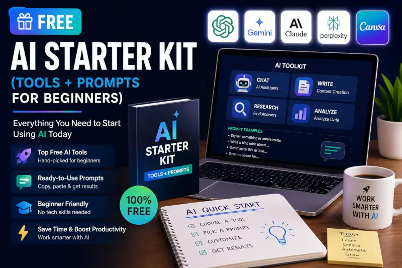 Free AI starter kit for beginners featuring AI tools, prompts, laptop dashboard, and productivity workspace