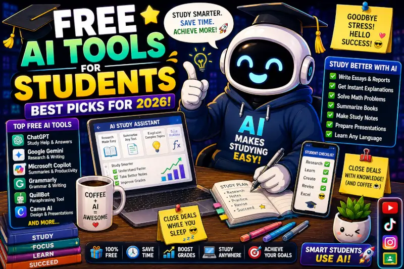 Funny cartoon free AI tools for students workspace featuring AI study assistants, homework tools, note-taking apps, and productivity tools in 2026