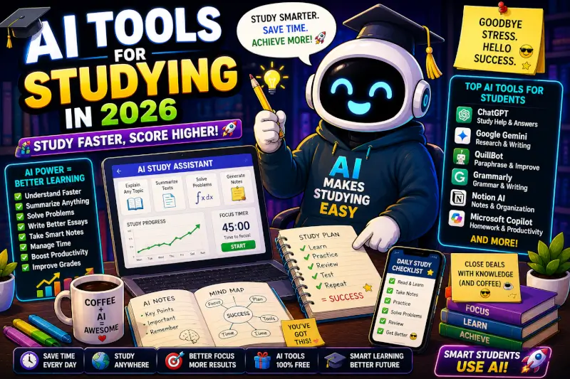 Funny cartoon AI study tools workspace featuring AI assistants, homework tools, productivity apps, and smart studying systems for students in 2026