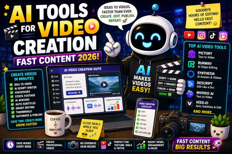 Funny cartoon AI video creation workspace featuring AI video tools, editing software, automation, YouTube content creation, and social media growth in 2026