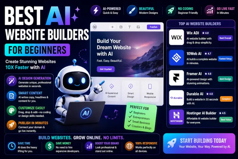 “Best AI website builders for beginners featuring AI-powered web design, no-code website creation, and beginner-friendly website tools”